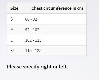 Size chart for Shoulder Supporters
